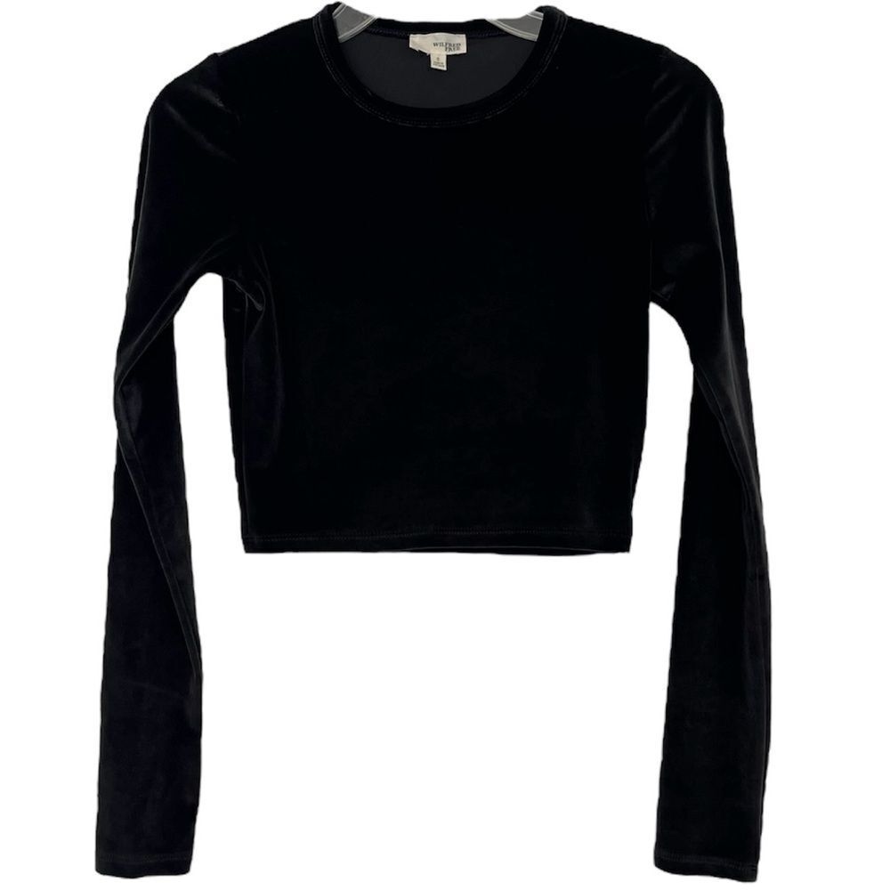 Aritzia Wilfred Free Crop Velvet Top Long Sleeve Fitted Glossy Shiny Black Small
